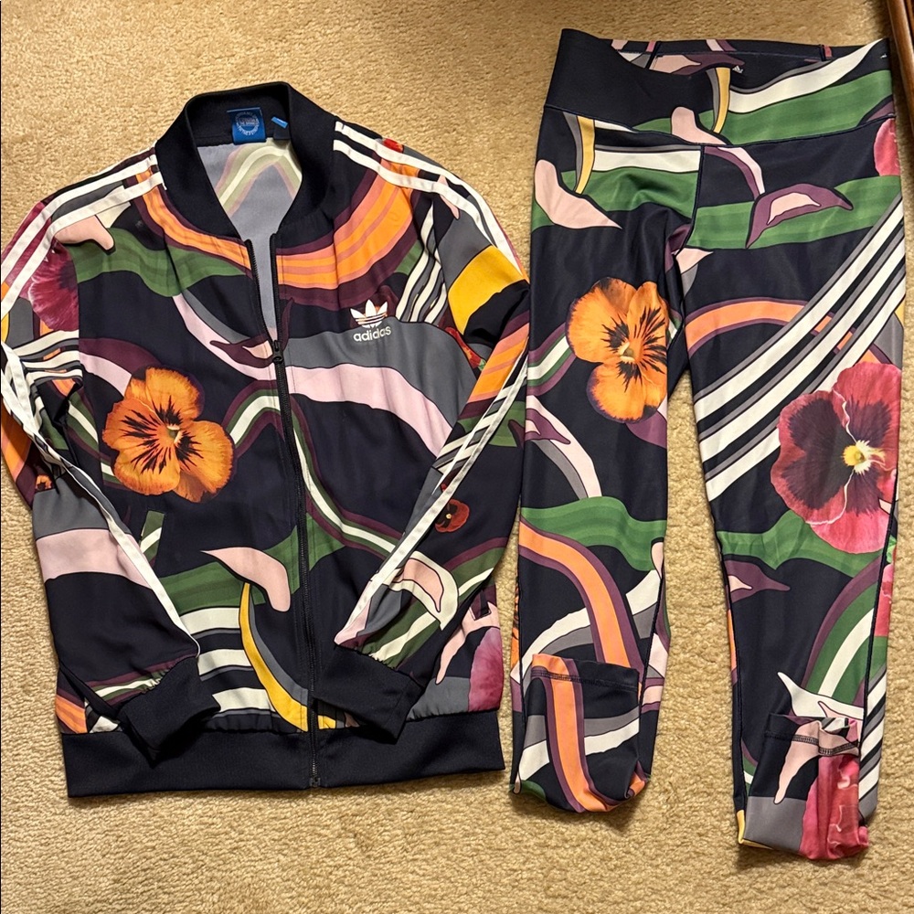 Adidas Women's Floral Track Suit - Black and Multicolor